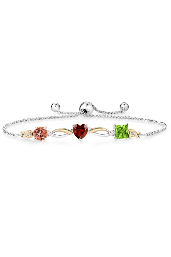 925 Silver and 10K Yellow Gold Ecstasy Mystic Topaz Red Garnet Green Peridot and Lab Grown Diamond Tennis Bracelet for Women By Keren Hanan (2.73 cttw, Adjustable up To 9 inch)