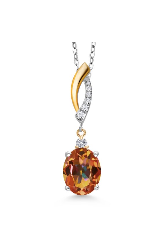 925 Silver and 10K Yellow Gold Ecstasy Mystic Topaz and White Lab Grown Diamond Pendant Necklace for Women | 3.27 Cttw | Gemstone November Birthstone | Oval 10X8MM | With 18 inch Chain