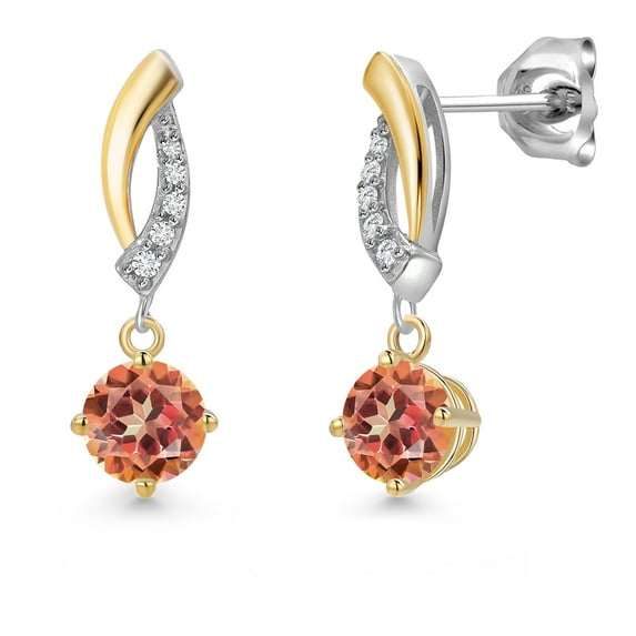 Gem Stone King 925 Silver and 10K Yellow Gold Ecstasy Mystic Topaz and White Lab Grown Diamond Stud Earrings for Women | 2.05 Cttw | Gemstone November Birthstone | Round 5MM