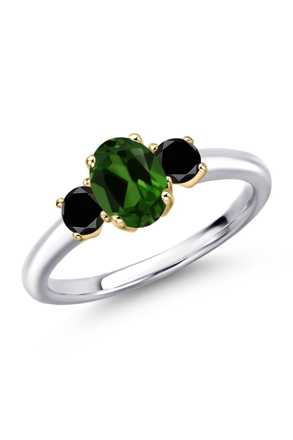 925 Silver and 10K Yellow Gold Green Chrome Diopside and Black Diamond Engagement Ring for Women | 1.04 Cttw | Oval 7X5MM | Gemstone Birthstone | Size 8