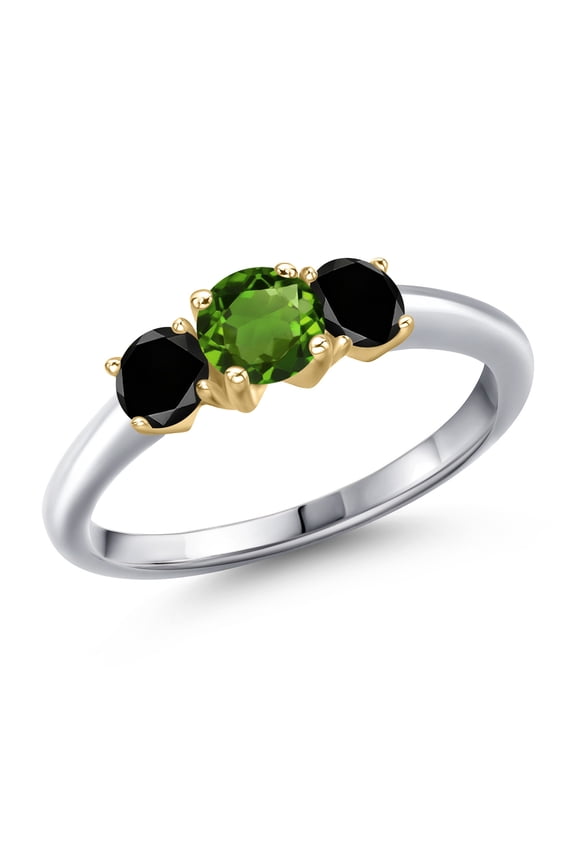 925 Silver and 10K Yellow Gold Green Chrome Diopside and Black Diamond Engagement Ring for Women | 1.04 Cttw | Round 5MM | Gemstone Birthstone | Size 9