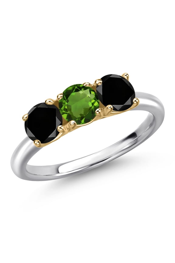 925 Silver and 10K Yellow Gold Green Chrome Diopside and Black Diamond Engagement Ring for Women | 1.60 Cttw | Round 5MM | Gemstone Birthstone | Size 6
