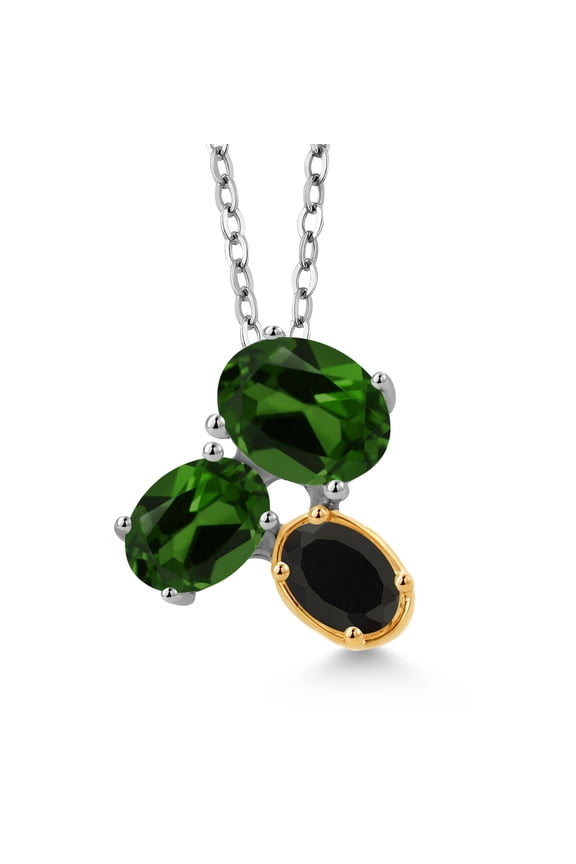 925 Silver and 10K Yellow Gold Green Chrome Diopside and Black Onyx Pendant Necklace for Women (2.30 Cttw, Oval 8X6MM, 7X5MM and 6X4MM, Gemstone, with 18 inch Chain)