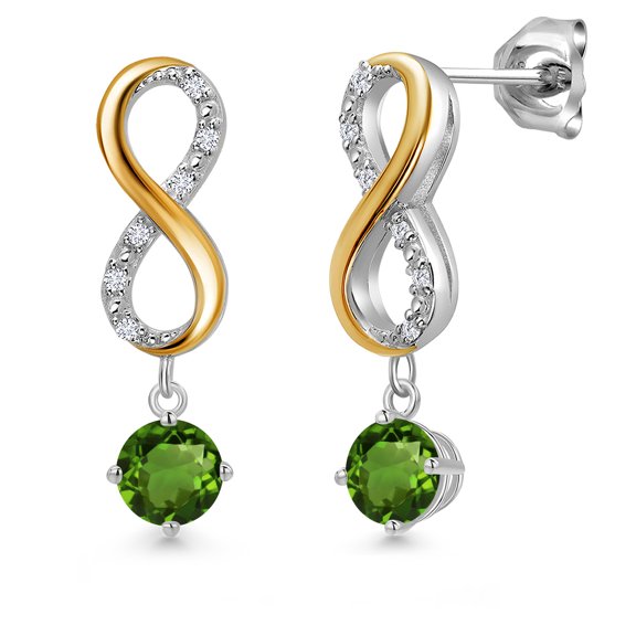 Gem Stone King 925 Silver and 10K Yellow Gold Green Chrome Diopside and Lab Grown Diamond Dangle Earrings for Women | 1.06 Cttw | Gemstone Birthstone | Round 5MM