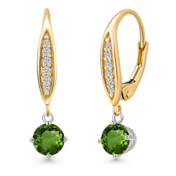 Gem Stone King 925 Silver and 10K Yellow Gold Green Chrome Diopside and Lab Grown Diamond Dangle Earrings for Women | 1.09 Cttw | Gemstone Birthstone | Round 5MM