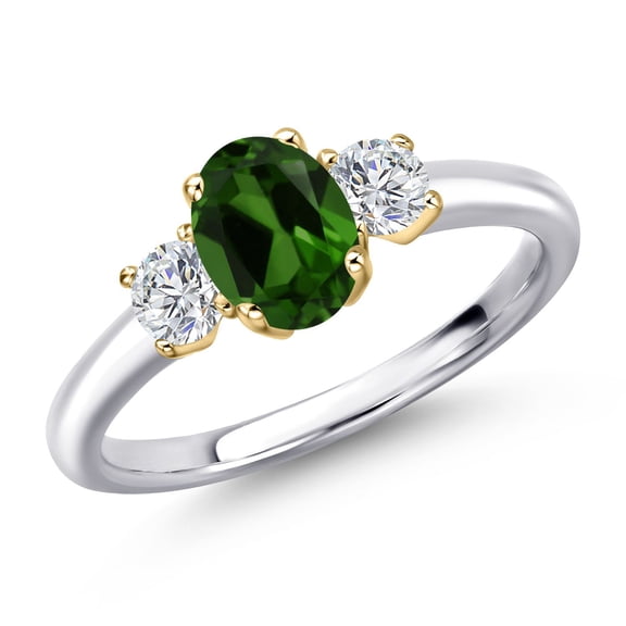Gem Stone King 925 Silver and 10K Yellow Gold Green Chrome Diopside and Lab Grown Diamond Engagement Ring for Women | 1.04 Cttw | Oval 7X5MM | Gemstone Birthstone | Size 5