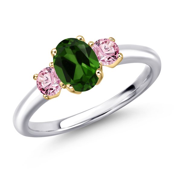 Gem Stone King 925 Silver and 10K Yellow Gold Green Chrome Diopside and Pink Lab Grown Diamond Engagement Ring for Women | 1.06 Cttw | Oval 7X5MM | Gemstone Birthstone | Size 8