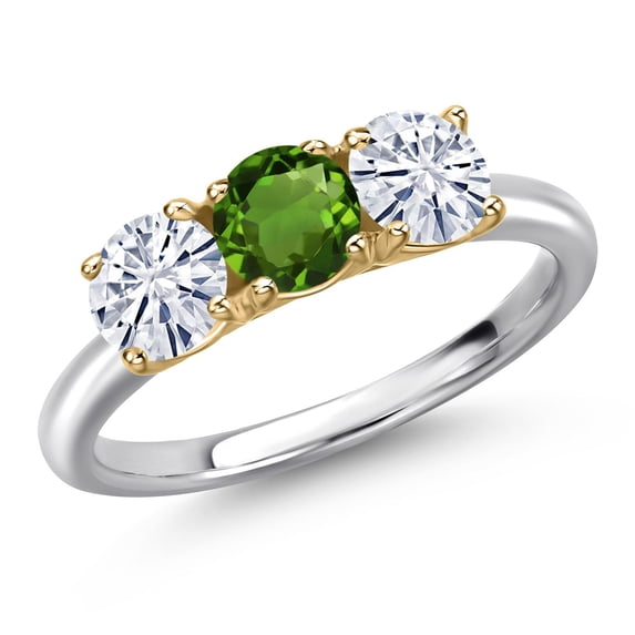 Gem Stone King 925 Silver and 10K Yellow Gold Green Chrome Diopside and White Moissanite Engagement Ring for Women | 1.50 Cttw | Round 5MM | Gemstone Birthstone | Size 9