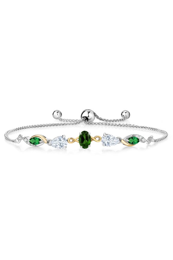 925 Silver and 10K Yellow Gold Green Chrome Diopside White Moissanite Nano Emerald and Lab Grown Diamond Tennis Bracelet for Women By Keren Hanan (1.79 cttw, Adjustable up To 9 inch)