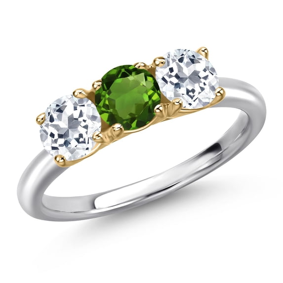 Gem Stone King 925 Silver and 10K Yellow Gold Green Chrome Diopside and White Topaz Engagement Ring for Women | 1.70 Cttw | Round 5MM | Gemstone Birthstone | Size 7