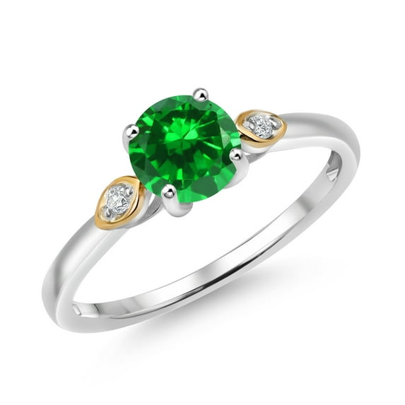 Gem Stone King 925 Silver and 10K Yellow Gold Green Created Emerald and White Lab Grown Diamond 3-Stone Engagement Ring for Women (1.03 Cttw, Round 6MM, Gemstone May Birthstone, Size 8)