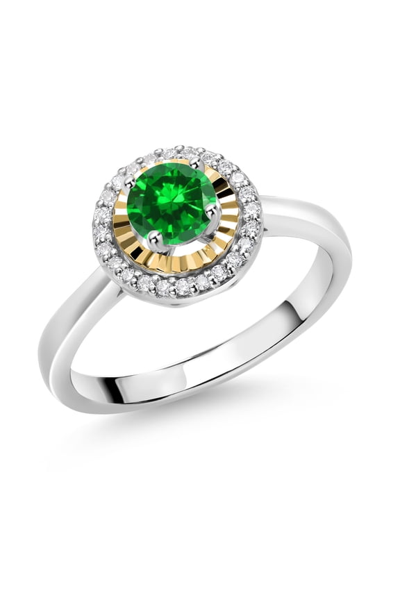 925 Silver and 10K Yellow Gold Green Created Emerald and White Lab Grown Diamond Halo Engagement Ring for Women (0.96 Cttw, Gemstone May Birthstone, Round 5MM, Size 6)