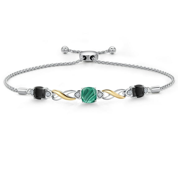 Gem Stone King 925 Silver and 10K Yellow Gold Green Malachite and Black Onyx and White Lab Grown Diamond Bracelet for Women | 2.65 Cttw | Gemstone | Cushion 6MM | Fully Adjustable 9 inch