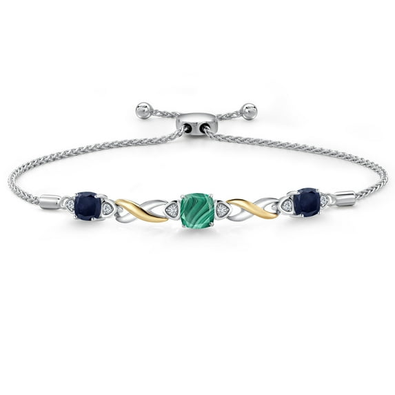 Gem Stone King 925 Silver and 10K Yellow Gold Green Malachite and Blue Sapphire and White Lab Grown Diamond Bracelet for Women | 2.99 Cttw | Gemstone | Cushion 6MM | Fully Adjustable 9 inch