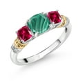 thumbnail image 1 of Gem Stone King 925 Silver and 10K Yellow Gold Green Malachite and Red Created Ruby and Diamond 3-Stone Ring for Women (2.26 Cttw, Gemstone Birthstone, Cushion 6MM and 4MM, Size 9), 1 of 3