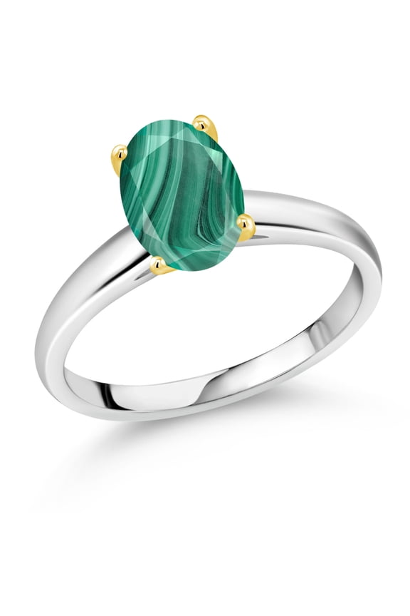 925 Silver and 10K Yellow Gold Green Malachite Solitaire Engagement Ring for Women | 2.50 Cttw | Oval 9X7MM | Gemstone Birthstone (Size 5)