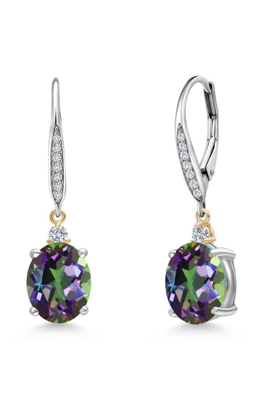 925 Silver and 10K Yellow Gold Green Mystic Quartz and White Lab Grown Diamond Dangle Earrings for Women | 6.23 Cttw | Gemstone | Oval 10X8MM
