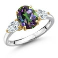 thumbnail image 1 of Gem Stone King 925 Silver and 10K Yellow Gold Green Mystic Topaz and F - G Lab Grown Diamond Engagement Ring for Women | 3.00 Cttw | Oval 9X7MM | Gemstone November Birthstone | Size 5, 1 of 6