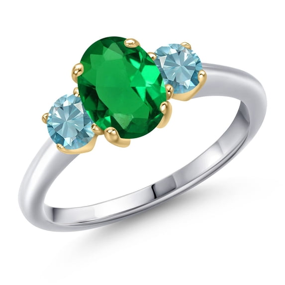 Gem Stone King 925 Silver and 10K Yellow Gold Green Nano Emerald and Blue Zircon Engagement Ring for Women | 1.75 Cttw | Oval 8X6MM | Gemstone May Birthstone | Size 6