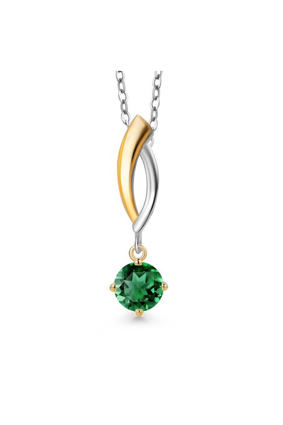 925 Silver and 10K Yellow Gold Green Nano Emerald Pendant Necklace for Women | 0.40 Cttw | Gemstone May Birthstone | Round 4.5MM | With 18 inch Silver Chain
