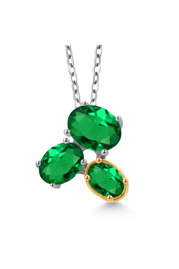 925 Silver and 10K Yellow Gold Green Nano Emerald Pendant Necklace for Women (1.75 Cttw, Oval 8X6MM, 7X5MM and 6X4MM, Gemstone May Birthstone, with 18 inch Chain)