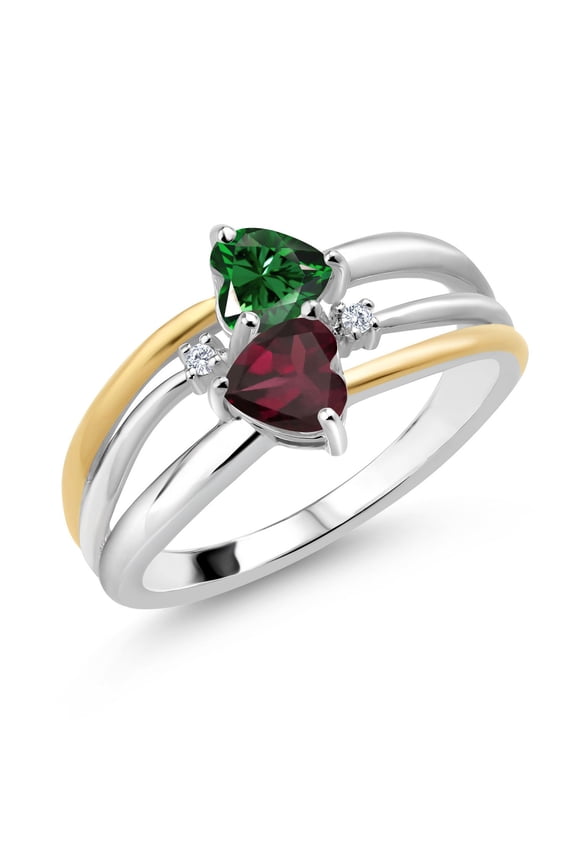 925 Silver and 10K Yellow Gold Green Nano Emerald and Red Rhodolite Garnet and White Lab Grown Diamond Band Ring for Women (1.07 Cttw, Gemstone May Birthstone, Heart Shape 5MM, Size 7)