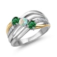 thumbnail image 1 of Gem Stone King 925 Silver and 10K Yellow Gold Green Nano Emerald and Simulated White Opal and Lab Grown Diamond Engagement Ring for Women | 1.00 Cttw | Round 4MM | May Birthstone | Size 6, 1 of 6