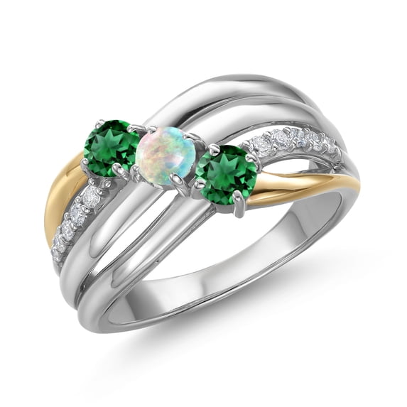 Gem Stone King 925 Silver and 10K Yellow Gold Green Nano Emerald and Simulated White Opal and Lab Grown Diamond Engagement Ring for Women | 1.00 Cttw | Round 4MM | May Birthstone | Size 8