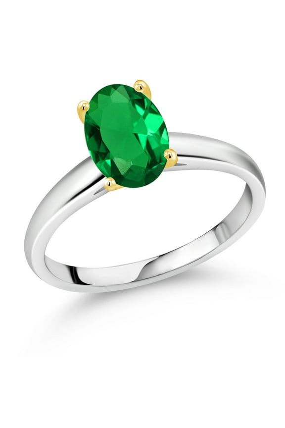 925 Silver and 10K Yellow Gold Green Nano Emerald Solitaire Engagement Ring for Women | 1.50 Cttw | Oval 9X7MM | Gemstone May Birthstone (Size 7)