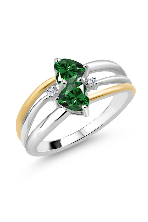 925 Silver and 10K Yellow Gold Green Nano Emerald and White Lab Grown Diamond Band Ring for Women (1.02 Cttw, Gemstone May Birthstone, Heart Shape 5MM, Size 5)