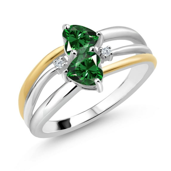 Gem Stone King 925 Silver and 10K Yellow Gold Green Nano Emerald and White Lab Grown Diamond Band Ring for Women (1.02 Cttw, Gemstone May Birthstone, Heart Shape 5MM, Size 8)