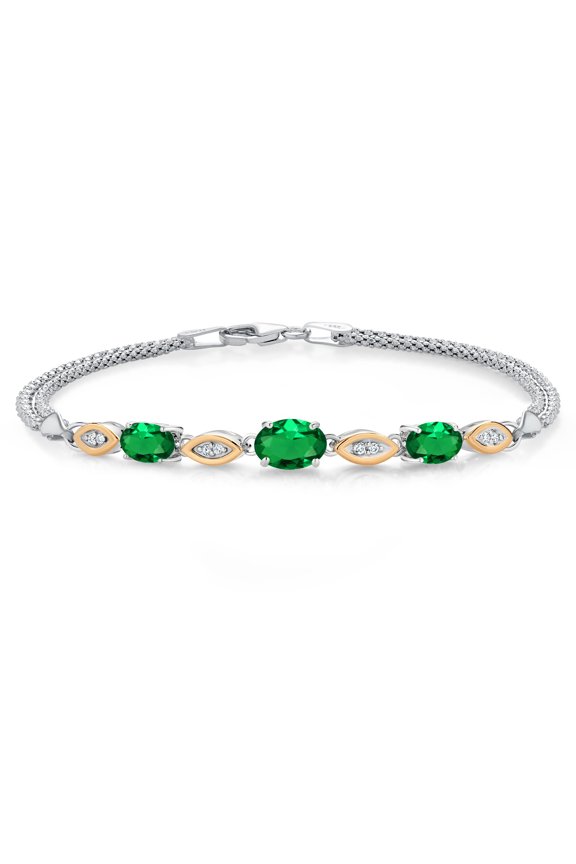 925 Silver and 10K Yellow Gold Green Nano Emerald and White Lab Grown Diamond Bracelet for Women (1.46 Cttw, Gemstone May Birthstone, Oval, Wheat Chain, 7 inches)