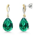 thumbnail image 1 of Gem Stone King 925 Silver and 10K Yellow Gold Green Nano Emerald and White Lab Grown Diamond Earrings for Women | 16.53 Cttw | Gemstone May Birthstone | Pear Shape 16X12MM, 1 of 6
