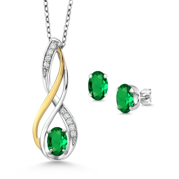 Gem Stone King 925 Silver and 10K Yellow Gold Green Nano Emerald and White Lab Grown Diamond Pendant and Earrings Jewelry Set for Women (1.26 Cttw, with 18 inch Chain)