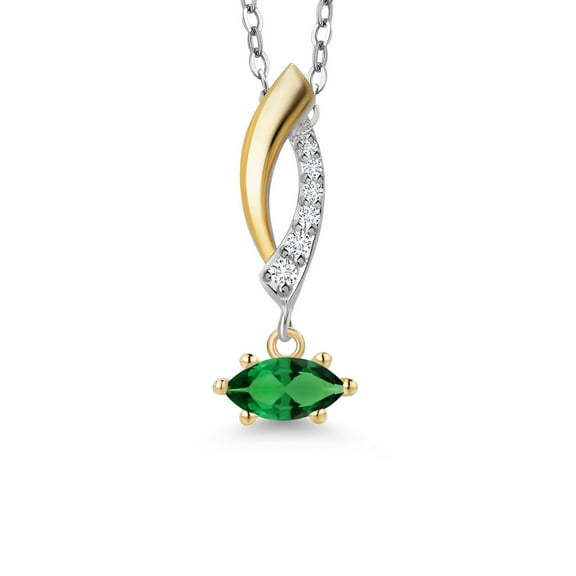 Gem Stone King 925 Silver and 10K Yellow Gold Green Nano Emerald and White Lab Grown Diamond Pendant Necklace for Women | 0.23 Cttw | Gemstone May Birthstone | Marquise 6X3MM | With 18 inch Chain