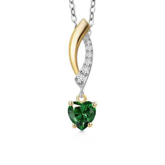 Gem Stone King 925 Silver and 10K Yellow Gold Green Nano Emerald and White Lab Grown Diamond Pendant Necklace for Women | 0.53 Cttw | Gemstone May Birthstone | Heart Shape 5MM | With 18 inch Chain