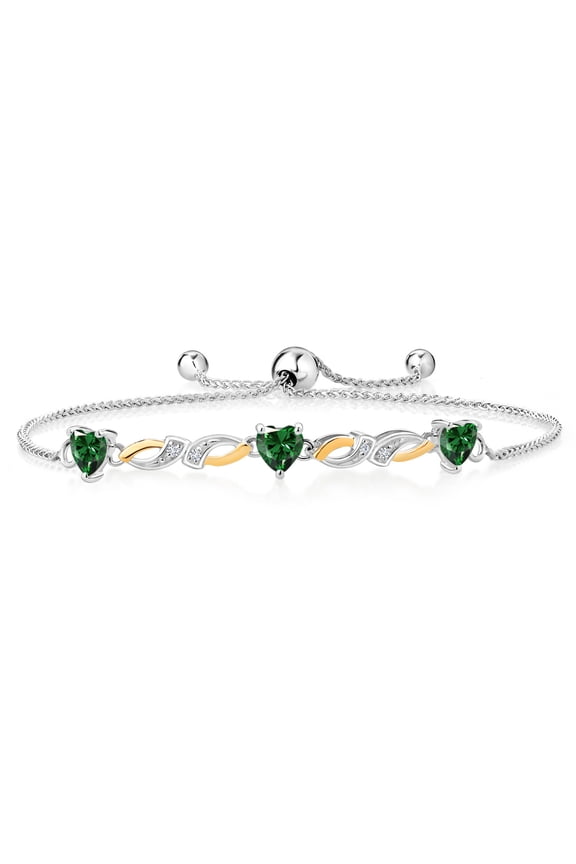 925 Silver and 10K Yellow Gold Green Nano Emerald and White Lab Grown Diamond Tennis Bracelet for Women (1.53 Cttw, Heart Shape 5MM, Fully Adjustable up to 9 inch)