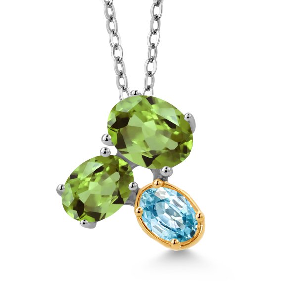 Gem Stone King 925 Silver and 10K Yellow Gold Green Peridot and Blue Zircon Pendant Necklace for Women (2.97 Cttw, Oval 8X6MM, 7X5MM and 6X4MM, Gemstone August Birthstone, with 18 inch Chain)