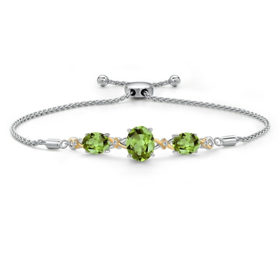 Gem Stone King 925 Silver & 10K Yellow Gold Green Peridot & Lab Grown Diamond Bracelet for Women | 5.70 Cttw | Gemstone August Birthstone | Oval 10X8MM and 8X6MM | Fully Adjustable 9 inch