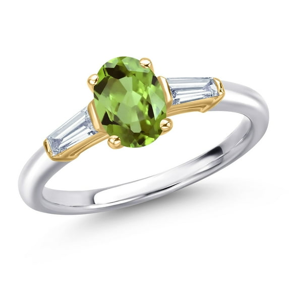 Gem Stone King 925 Silver and 10K Yellow Gold Green Peridot and Lab Grown Diamond Engagement Ring for Women | 1.10 Cttw | Oval 7X5MM | Gemstone August Birthstone | Size 7