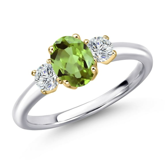 Gem Stone King 925 Silver and 10K Yellow Gold Green Peridot and Lab Grown Diamond Engagement Ring for Women | 1.24 Cttw | Oval 7X5MM | Gemstone August Birthstone | Size 6