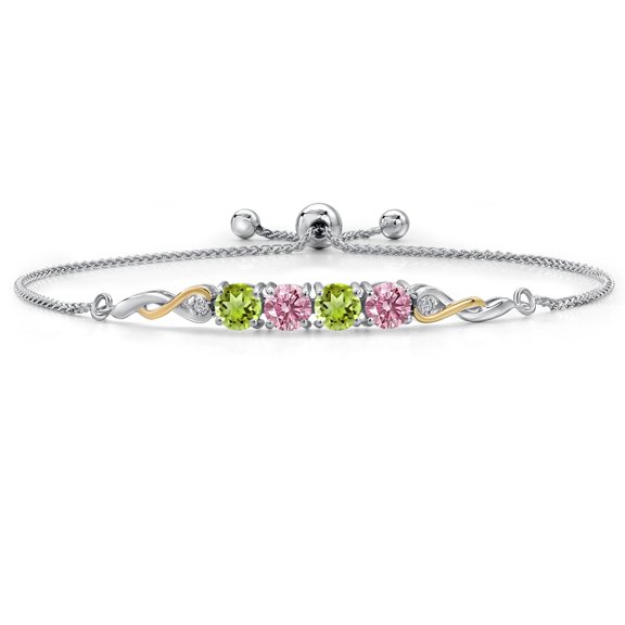 Gem Stone King 925 Silver and 10K Yellow Gold Green Peridot and Pink and White Lab Grown Diamond Bracelet for Women | 2.12 Cttw | Gemstone August Birthstone | Round 5MM | Fully Adjustable 9 inch
