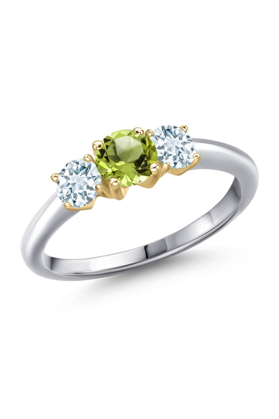 925 Silver and 10K Yellow Gold Green Peridot and Sky Blue Aquamarine Engagement Ring for Women | 1.05 Cttw | Round 5MM | Gemstone August Birthstone | Size 9