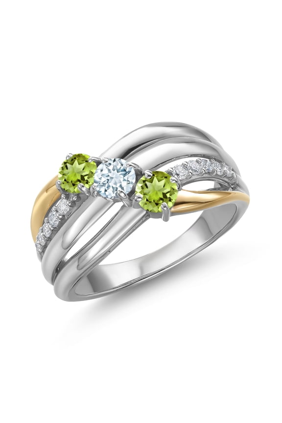 925 Silver and 10K Yellow Gold Green Peridot and Sky Blue Aquamarine and Lab Grown Diamond Engagement Ring for Women | 1.00 Cttw | Round 4MM | August Birthstone | Size 7