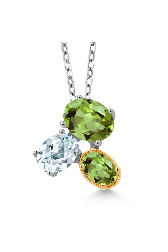 925 Silver and 10K Yellow Gold Green Peridot and Sky Blue Aquamarine Pendant Necklace for Women (2.67 Cttw, Oval 8X6MM, 7X5MM and 6X4MM, Gemstone August Birthstone, with 18 inch Chain)