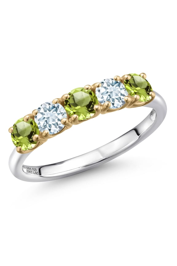 925 Silver and 10K Yellow Gold Green Peridot and Sky Blue Aquamarine Wedding-Bands Ring for Women | 1.40 Cttw | Round 4MM | Gemstone August Birthstone | Size 5