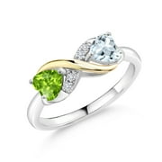 GEM STONE KING 925 Silver and 10K Yellow Gold Green Peridot Sky Blue Aquamarine and White Lab Grown Diamond Women Ring (0.96 Cttw, Gemstone Birthstone, Available in Size 5, 6, 7, 8, 9)