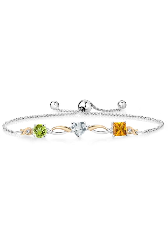 925 Silver and 10K Yellow Gold Green Peridot Sky Blue Aquamarine Yellow Citrine and Lab Grown Diamond Tennis Bracelet for Women By Keren Hanan (1.88 cttw, Adjustable up To 9 inch)