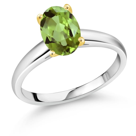 Gem Stone King 925 Silver and 10K Yellow Gold Green Peridot Solitaire Engagement Ring for Women | 2.10 Cttw | Oval 9X7MM | Gemstone August Birthstone (Size 9)