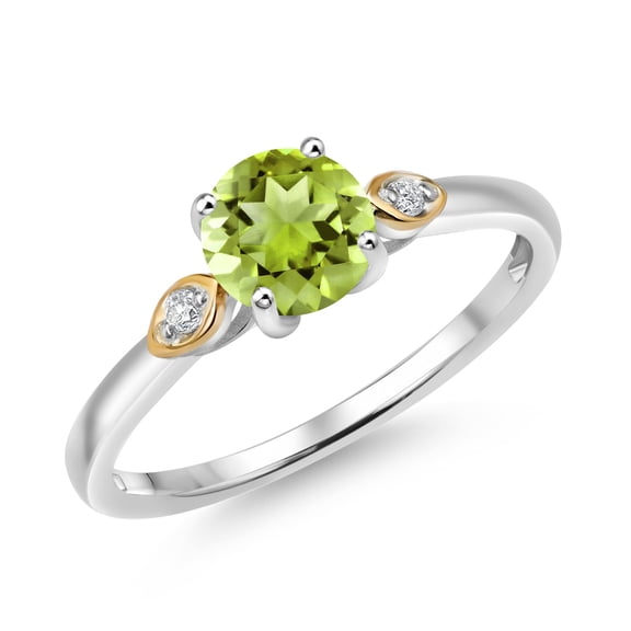 Gem Stone King 925 Silver and 10K Yellow Gold Green Peridot and White Lab Grown Diamond 3-Stone Engagement Ring for Women (1.03 Cttw, Round 6MM, Gemstone August Birthstone, Size 9)